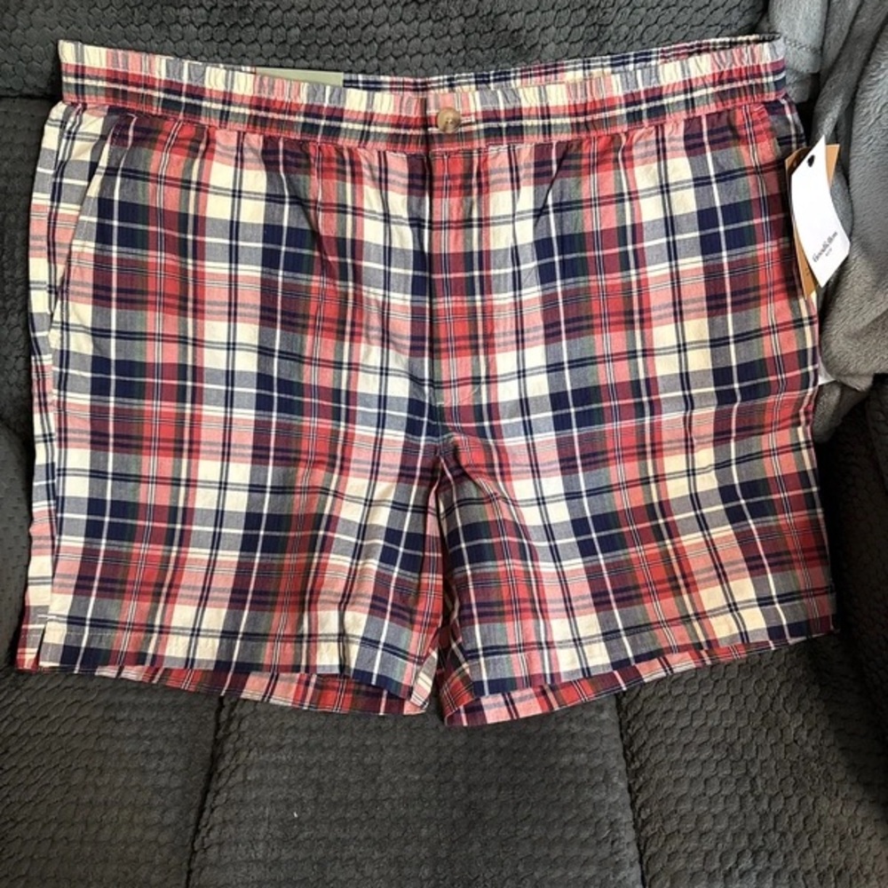 Plaid Cotton Bermuda Shorts in Red, Navy & Cream